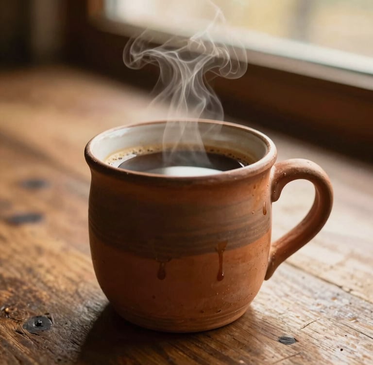 A tight macro shot of a heavy-bottomed terracotta mug filled with steaming coffee on a rustic wooden table, warm golden-hour window light highlighting the physical thumbprints and glaze drips, 35mm photography