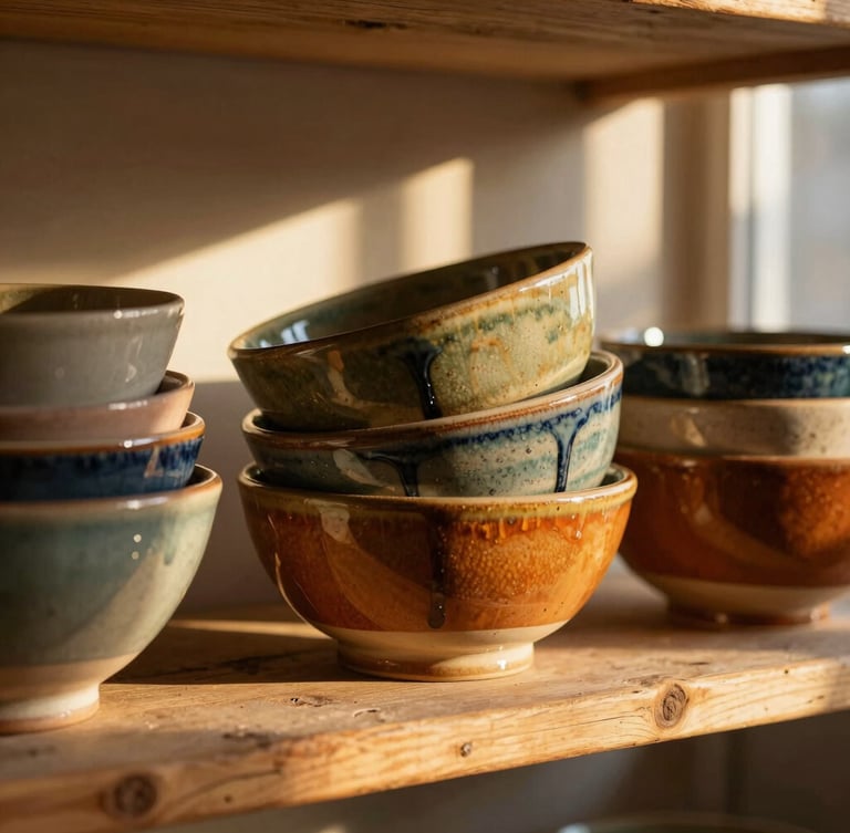 Tactile close-up of colorful ceramic bowls stacked on a rustic wooden shelf in a sunlit studio, warm golden-hour light highlighting glaze drips.