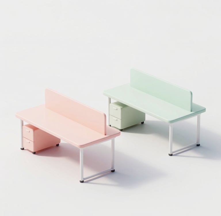 Lightweight 3d render of a minimalist open office workspace with soft macaron pastel desks, bright diffused daylight, and clean white background.