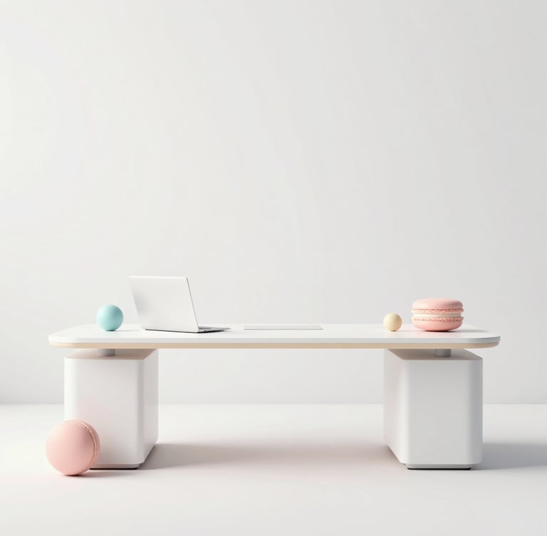 Minimalist 3D render of a clean modern office desk with soft pastel geometric shapes, bright diffused daylight, high-key lighting, ample negative space