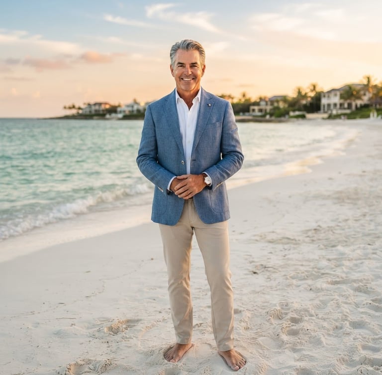 Professional portrait of Gary Bowman, a confident, experienced real estate agent, standing on a white sand beach at golden hour, subtle emerald waters in the background, sophisticated coastal attire, soft lighting.