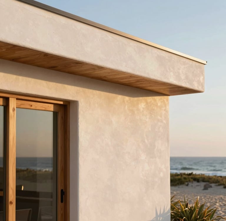 Close-up of a modern coastal home's architectural detail, white stucco, warm wood accents, soft golden hour light, shallow depth of field.