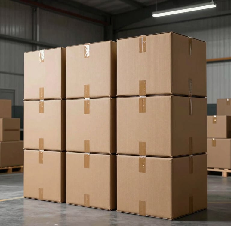 A clean, minimalist shot of stacked cardboard shipping boxes labeled for dispatch inside a modern, well-lit warehouse, high contrast, industrial aesthetic