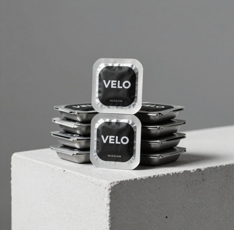Studio packshot of VELO nicotine pouch cans stacked neatly on a clean white concrete block, flat industrial lighting, neutral grey background.