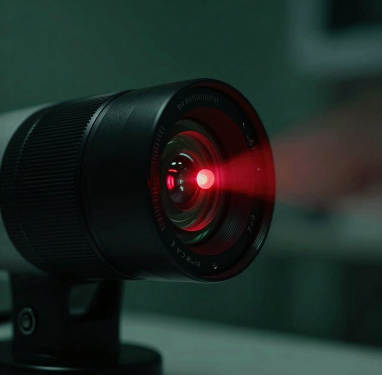 Extreme close-up of a sleek black low-level laser therapy device emitting a precise, high-contrast red beam, dark moody clinical setting, 35mm lens.