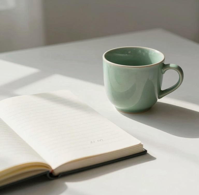 Clean minimalist workspace, a desaturated green ceramic cup next to an open notebook with neat handwriting, soft morning sunlight casting gentle shadows, 35mm lens