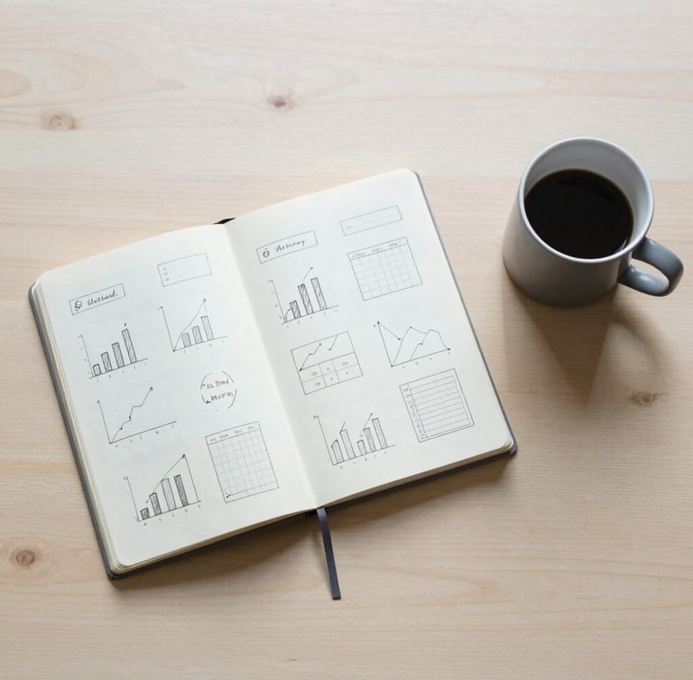 Overhead flat lay of a clean wooden desk with a minimalist notebook containing neat hand-drawn charts, a matte grey coffee mug, soft morning light casting gentle shadows