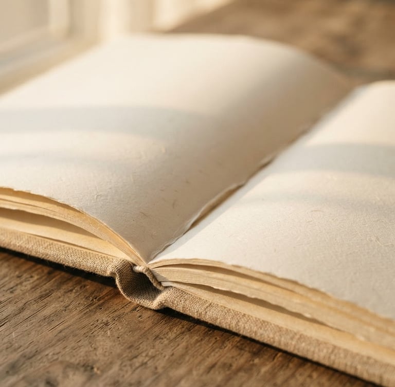 Macro close-up of open pages of a minimalist linen-bound book, soft golden-hour window light casting long gentle shadows across textured cream paper