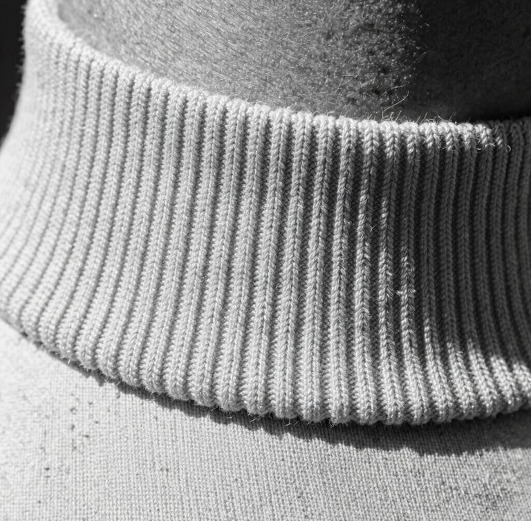 Extreme close-up macro shot of ultra-heavyweight cotton fabric texture, showing the tight structured weave and a flawless thick ribbed collar, high-contrast monochrome lighting highlighting the fibers