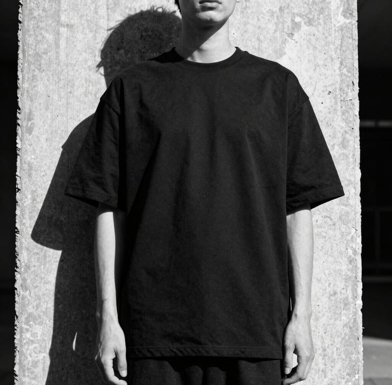 Low-angle high-contrast monochrome fashion shot of a model standing against a raw concrete pillar, wearing a structured heavy-weight oversized black t-shirt, harsh sunlight casting deep geometric shadows