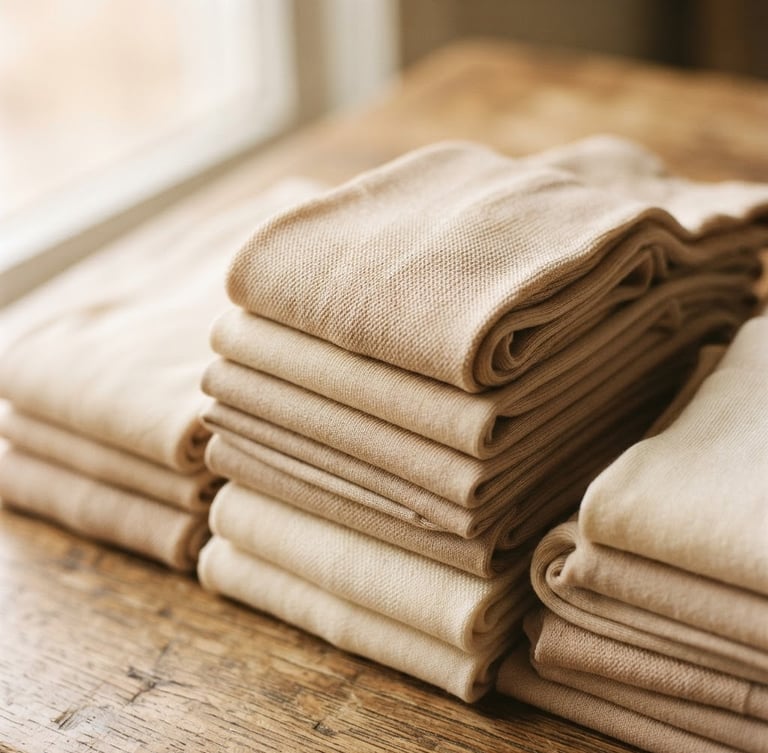 Close-up shot of neatly folded, light-colored hosiery with visible weave texture, under soft diffused window light, shallow depth of field, warm editorial photography.