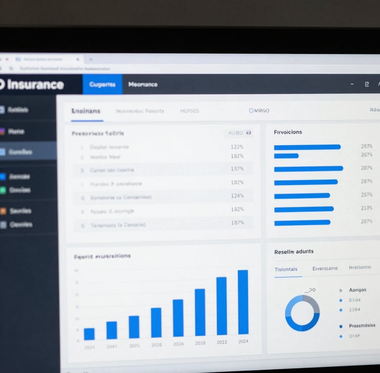 Macro shot of a high-fidelity dark-mode insurance dashboard interface, dense policy tables, clean glowing blue charts, straight-on view, sharp technical sans-serif typography, professional low-key lighting.