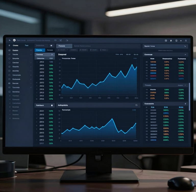Straight-on high-fidelity UI mockup of a financial terminal dashboard on a dark screen, showing clean policy tables, dense data charts with subtle deep blue glowing accents, low-key moody office environment background.