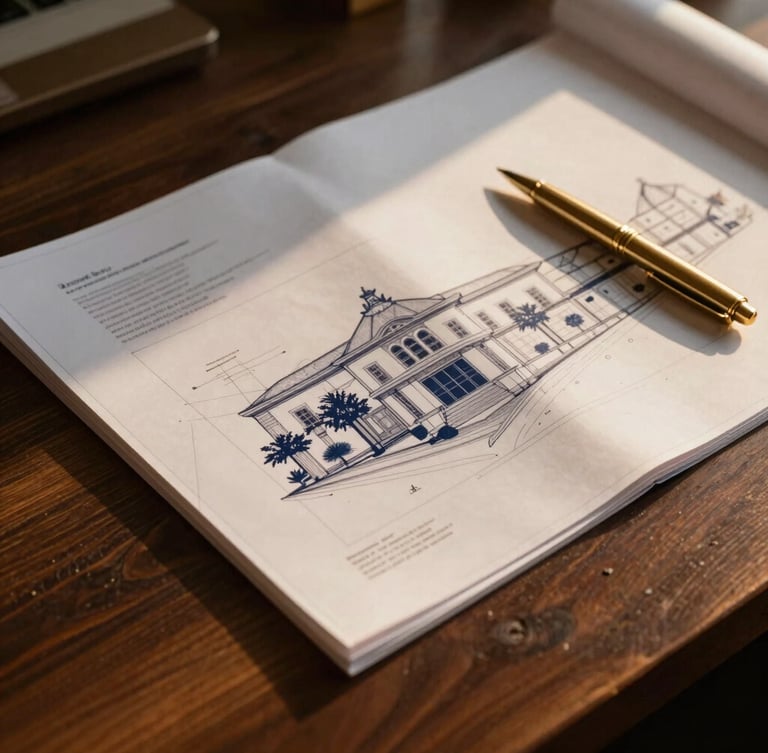 Close-up of elegant architectural blueprint layouts on a dark wooden table next to a gold pen, warm morning light