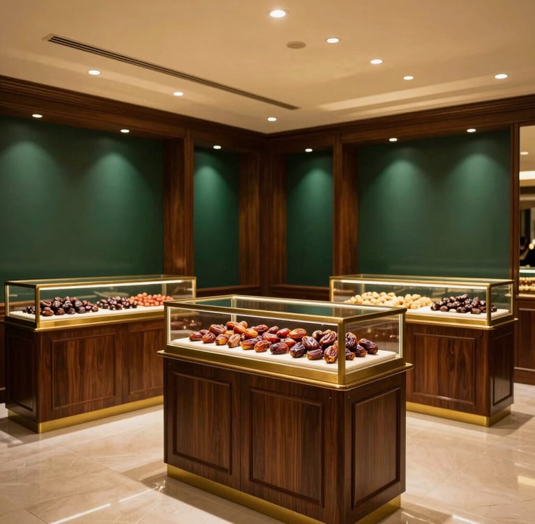 Elegant interior of a luxury date showroom in Riyadh, featuring polished dark wood and brass display cases, soft dramatic side-lighting, a single spotlight on a display of glistening dates, wide angle.