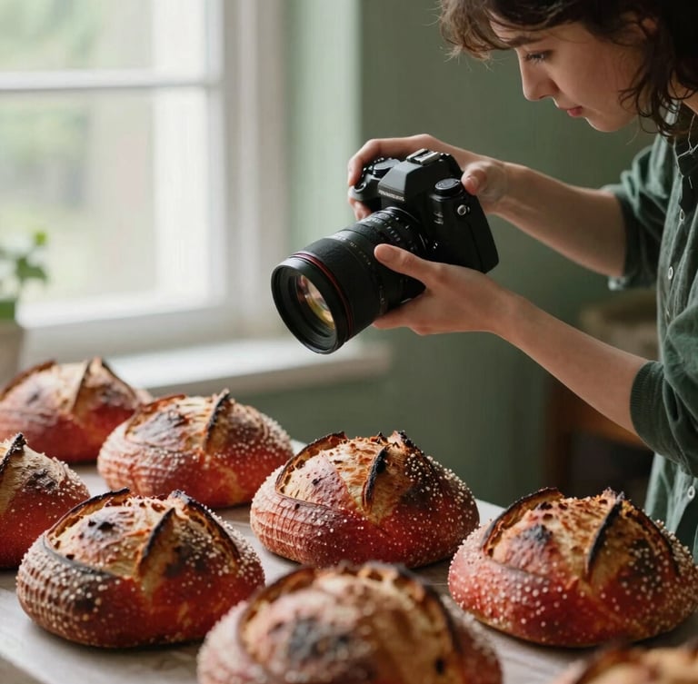 Behind-the-scenes shot of a female food photographer adjusting a camera lens over a table of fresh sourdough bread, soft natural side-lighting, warm forest green and crimson tones, 35mm