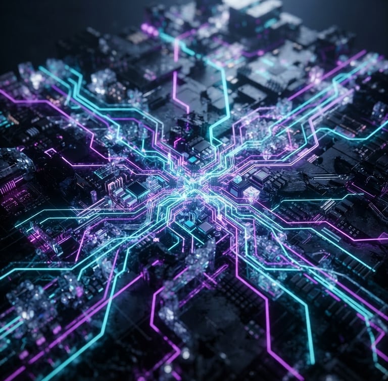 Macro close-up of a crystalline processor structure, glowing cyan and violet vector lines, dark cinematic 3d render, obsidian and cyan tones, macro depth of field, octane render