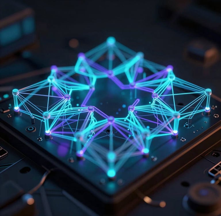 Macro close-up of a glowing 3D abstract quantum lattice processor with intricate cyan and violet vector lines, dark low-key lighting, orthographic projection, octane render.