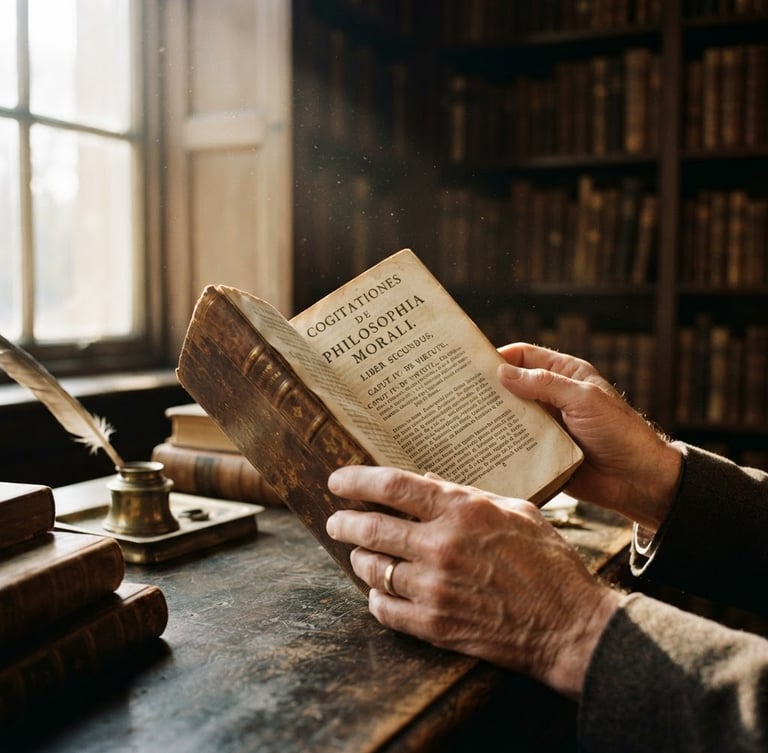 Manos sosteniendo un libro antiguo de filosofía en un escritorio de madera oscura, luz suave de ventana incidiendo sobre el papel texturizado, motas de polvo visibles en el aire, ambiente de biblioteca clásica.