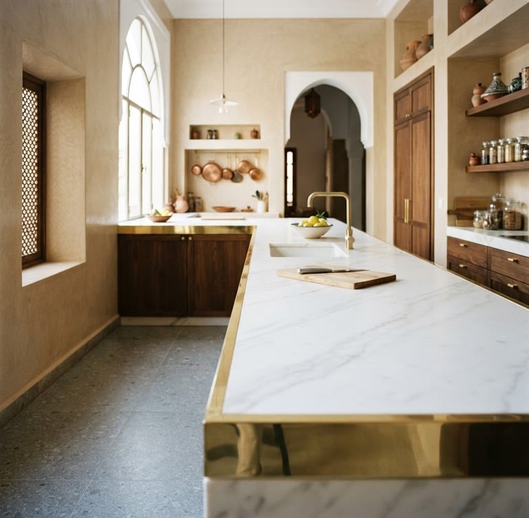 Low-angle architectural interior photography of a seamless white artificial marble counter in a modern Medina kitchen, bright natural daylight reflecting off the polished gold-accented edges, 35mm lens.