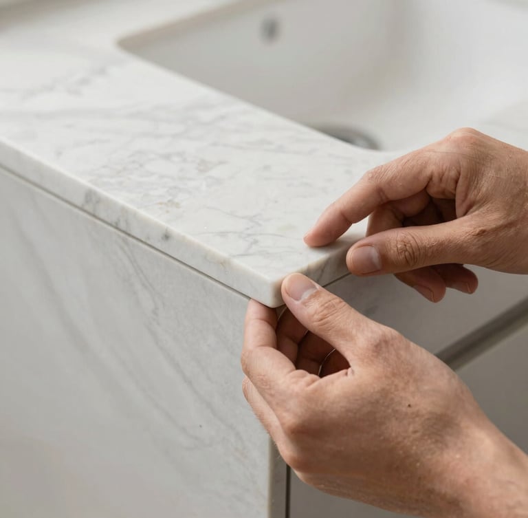 Macro shot of a craftsman's hands checking the seamless edge of a newly installed artificial marble counter, crisp workshop lighting.