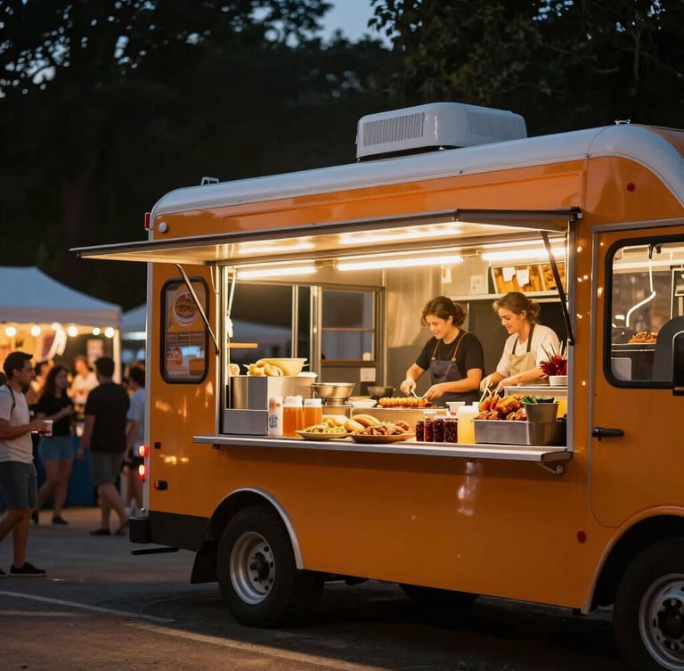 Modern street food truck or food stand at an outdoor festival at dusk, warm lighting, happy crowd in background