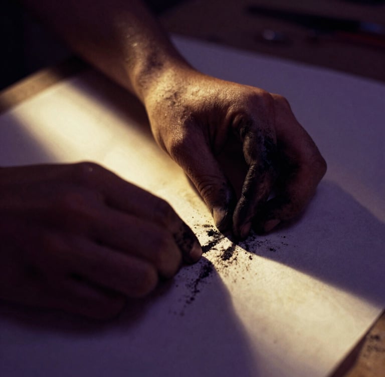 Moody fine-art photography, close-up of hands covered in black charcoal dust working on raw textured paper, dramatic chiaroscuro lighting, warm gold rays cutting through deep violet shadows