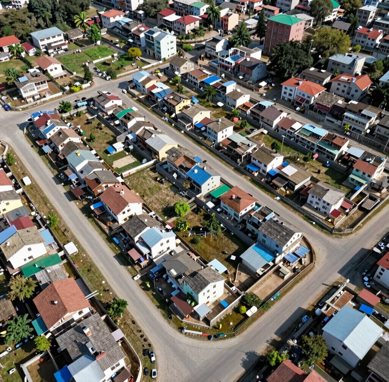 Wide-angle aerial drone shot of structured residential land plotting in Pokhara, clear boundaries, gravel road access, bright daylight.