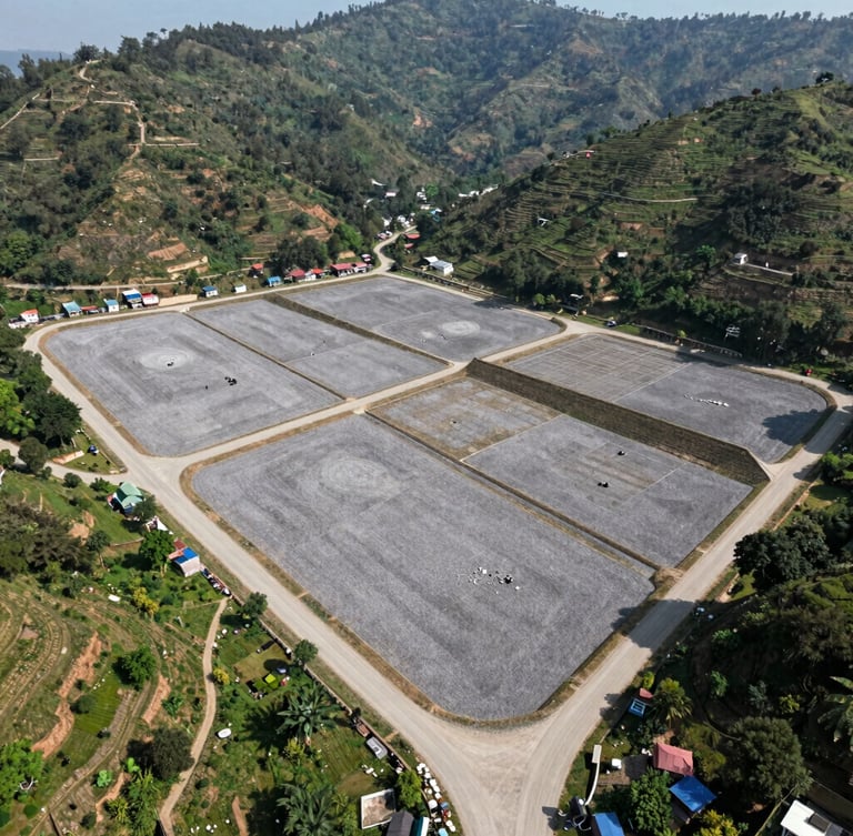 Wide-angle drone shot of structured land plotting in Kathmandu, showing clear boundary lines, gravel road access, and surrounding green hills under bright natural daylight.