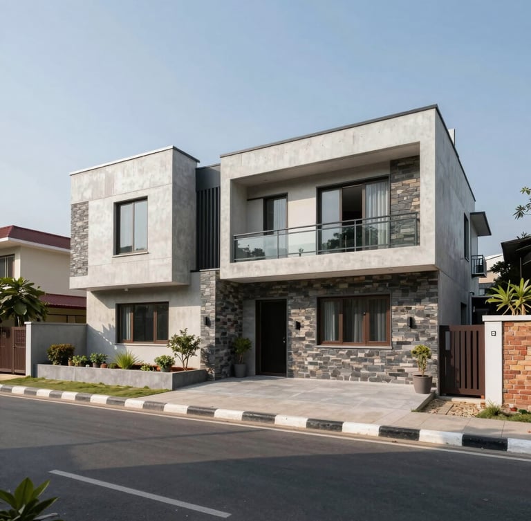 Wide-angle architectural photograph of a modern residential house in Lalitpur, featuring clean concrete lines, local stone accents, bright natural daylight, and a wide blacktopped road in the foreground.