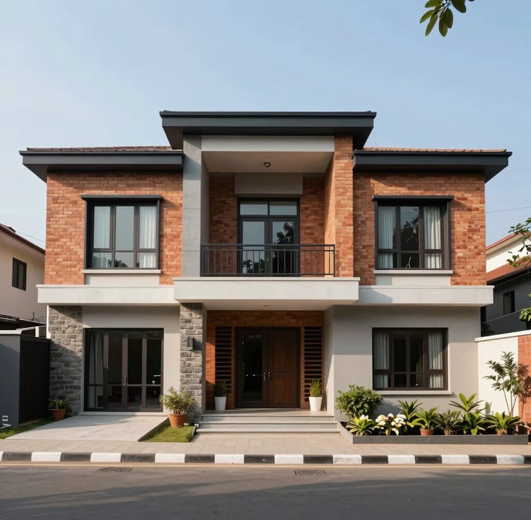 A sharp frontal shot of a modern architectural home in Lalitpur with clean brickwork and stone accents, bright natural daylight, 16-foot wide access road visible in the foreground