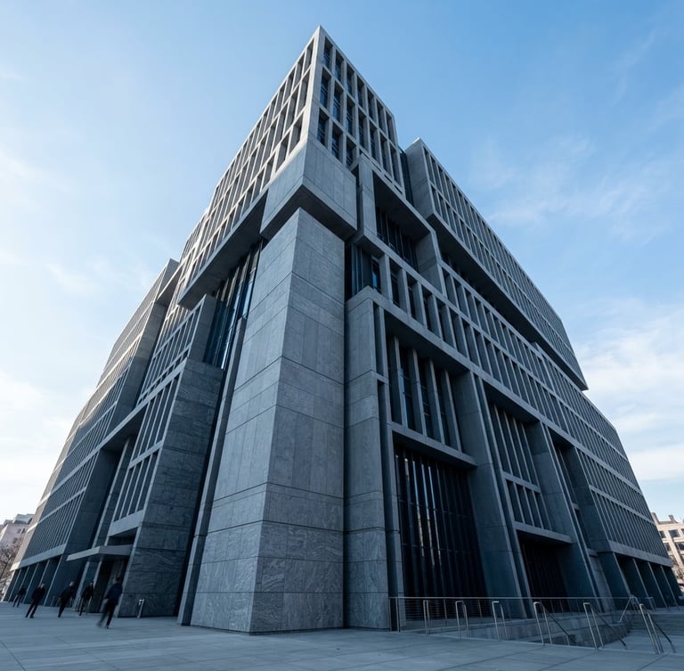 Architectural low-angle shot of a modern federal building facade, sharp geometric lines, cool slate gray concrete, crisp daylight.