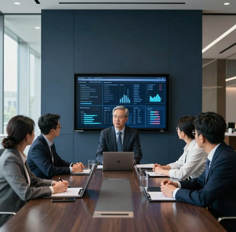 A collaborative executive strategy session in a high-end boardroom, sharp daylight, professional architectural depth, focused professionals looking at structured data displays.