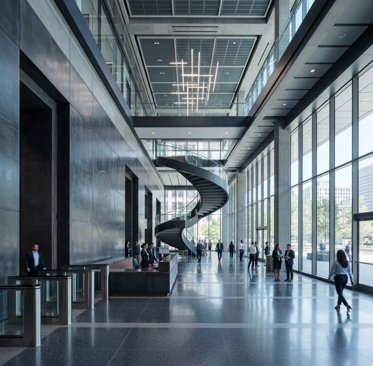Wide environmental shot of a modern architectural federal office lobby, cool crisp daylight, deep slate tones, sharp focus, architectural depth.