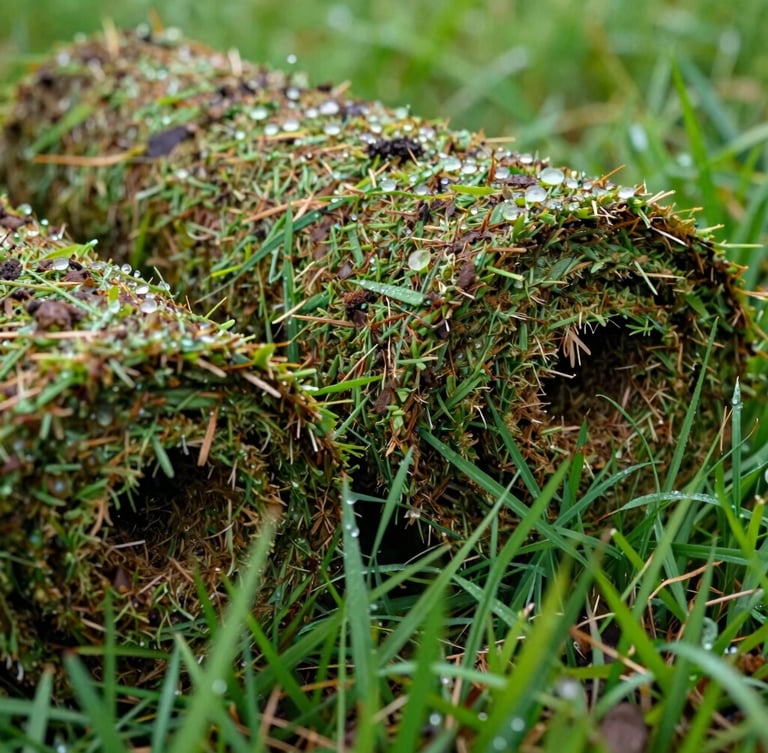 Low-angle close-up of freshly cut turf rolls showing moist, rich brown soil backing and vibrant green grass blades, morning dew visible.