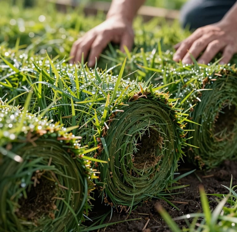 Low-angle close-up of freshly cut natural grass turf rolls showing moist soil backing, bright morning sunlight highlighting dew on the green blades, hands-on agricultural setting.