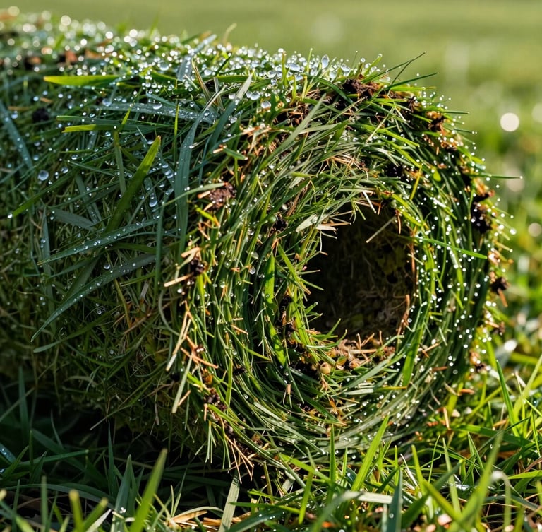Low-angle close-up of a freshly cut natural grass turf roll showing moist dark soil backing, vibrant green grass blades, morning dew, warm sunlight.