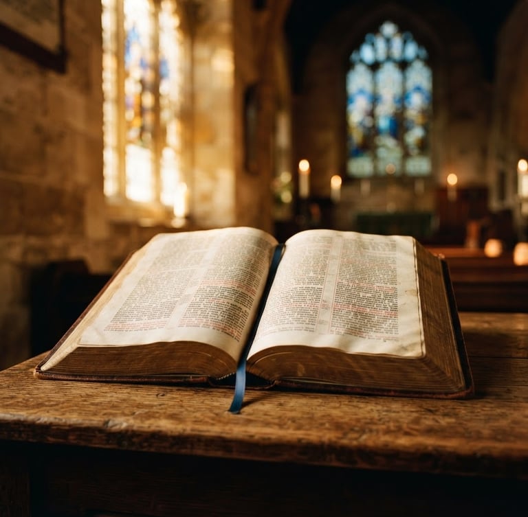 A close-up of open scriptures on a wooden table, warm golden sunlight streaming through a church window, soft focus background, editorial photography