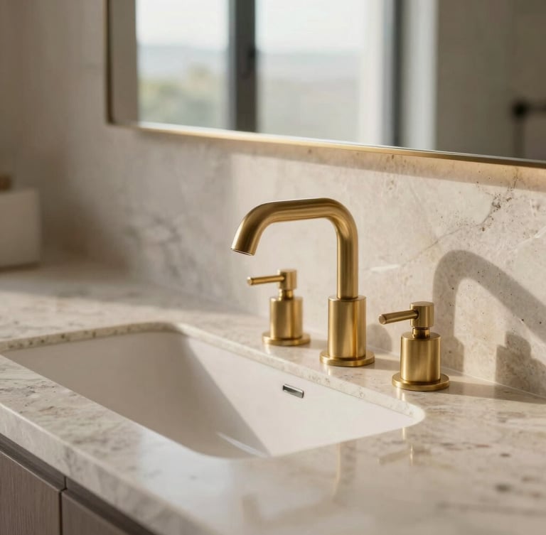 Close-up detail of high-end apartment interiors, focusing on premium natural stone countertops and brushed brass fixtures, bathed in soft morning light coming through a large window, emphasizing clean lines and luxurious textures.