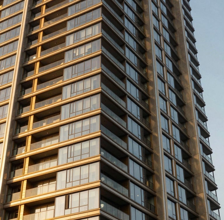 Sleek modern architectural facade of a luxury high-rise apartment building in São Paulo, warm golden hour lighting reflecting off premium glass and metallic gold accents, tight environmental crop.