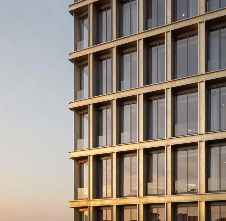 Wide panoramic architectural rendering of a modern luxury building facade in São Paulo at sunset, showcasing champagne-gold metallic structural frames, dark concrete textures, and large glass windows reflecting warm twilight sky, with copy space on the left.