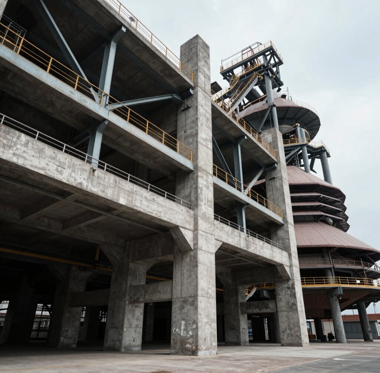 Extreme wide-angle shot of monolithic concrete and structural steel industrial architecture, cool overcast daylight, deep controlled shadows.