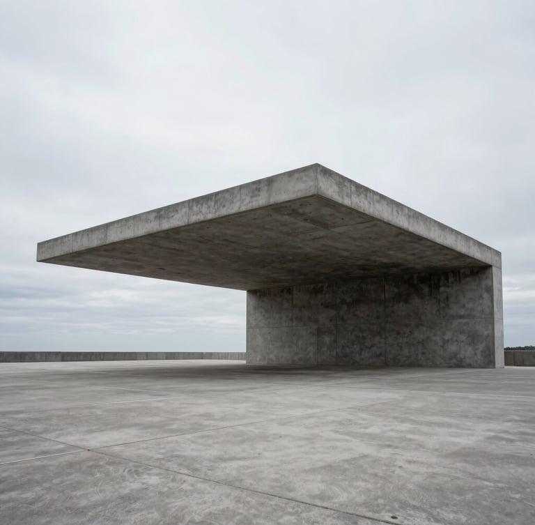 Extreme wide-angle shot of a monolithic concrete pavilion under an overcast sky, clean horizon, deep controlled shadows, architectural minimalism.