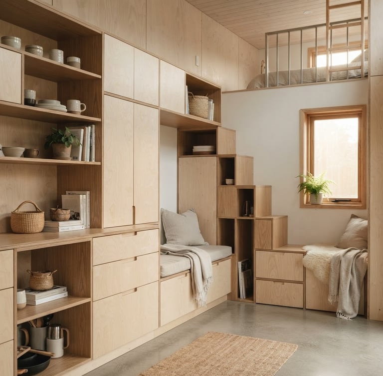 Wide architectural crop of a modern tiny home interior, focus on clever built-in storage and natural wood finishes, soft morning light streaming through a small window.