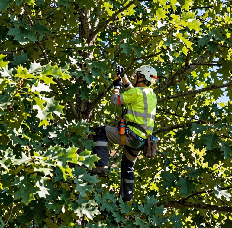 Certified arborist in clean safety gear climbing a mature green oak canopy, natural morning sunlight filtering through leaves, crisp editorial outdoor photography, 35mm lens