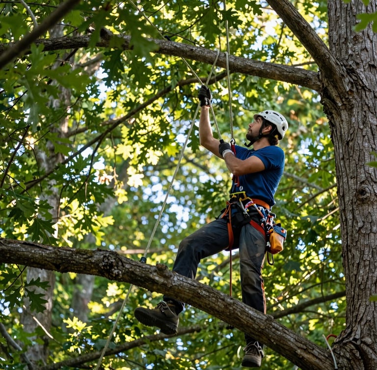 Low-angle portrait of an ISA-certified arborist in clean safety gear securing a heavy oak limb with high-strength rigging ropes, natural morning sunlight filtering through mature green canopy, sharp focus, 35mm lens