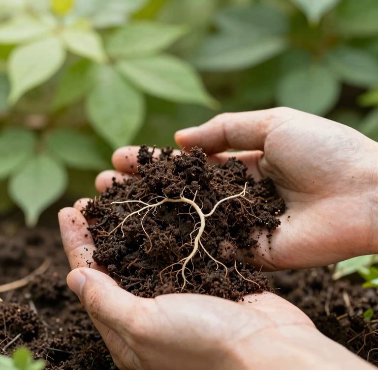 Close-up of rich dark soil teeming with organic matter, hands holding a soil sample with fine white root systems visible, soft morning light