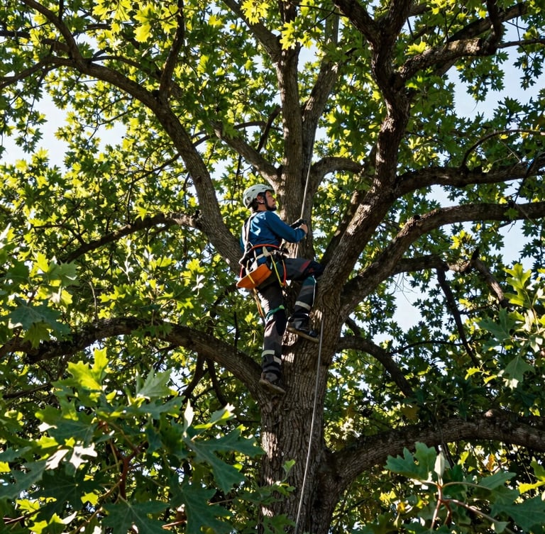 Arborist in clean safety gear climbing a mature oak tree in morning light, low angle looking up into a vibrant green canopy, 35mm lens