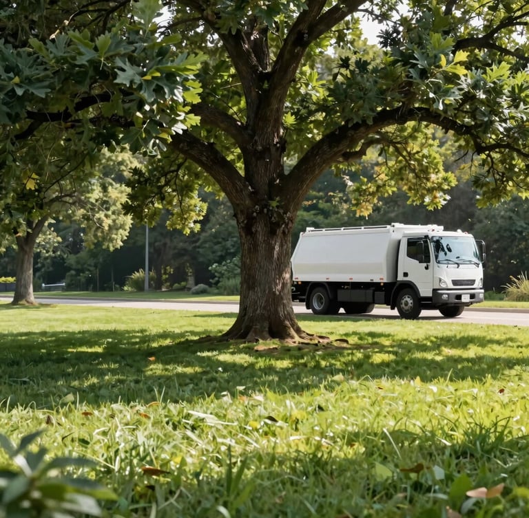 A pristine lawn with a mature oak tree in morning light, clean modern tree care truck parked in the background, no debris