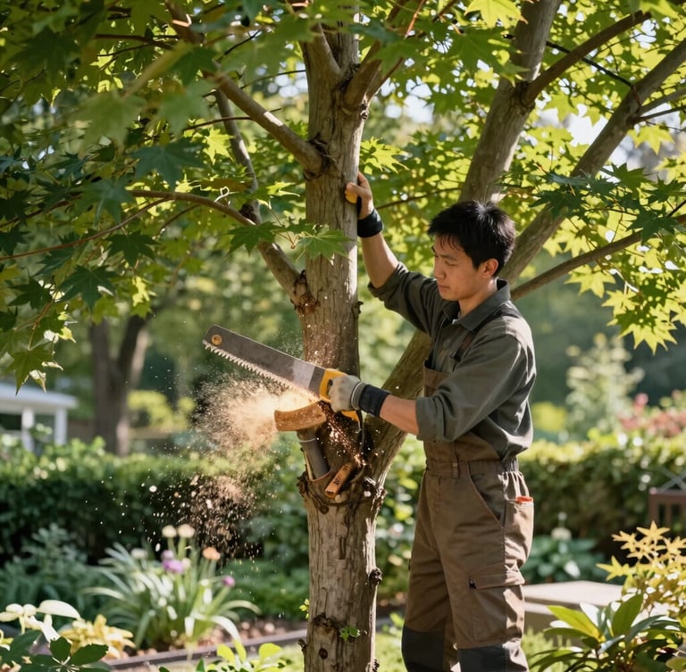 A certified arborist high in a mature maple tree, executing a clean precision cut with a hand saw, sawdust catching morning light, pristine garden below